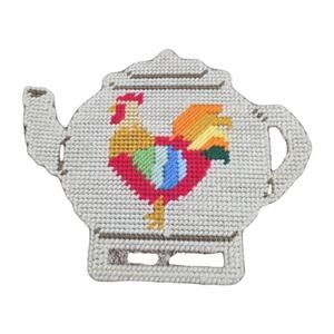 Vintage Rooster Needlepoint Decor Farm Country House 80s Teapot Shape